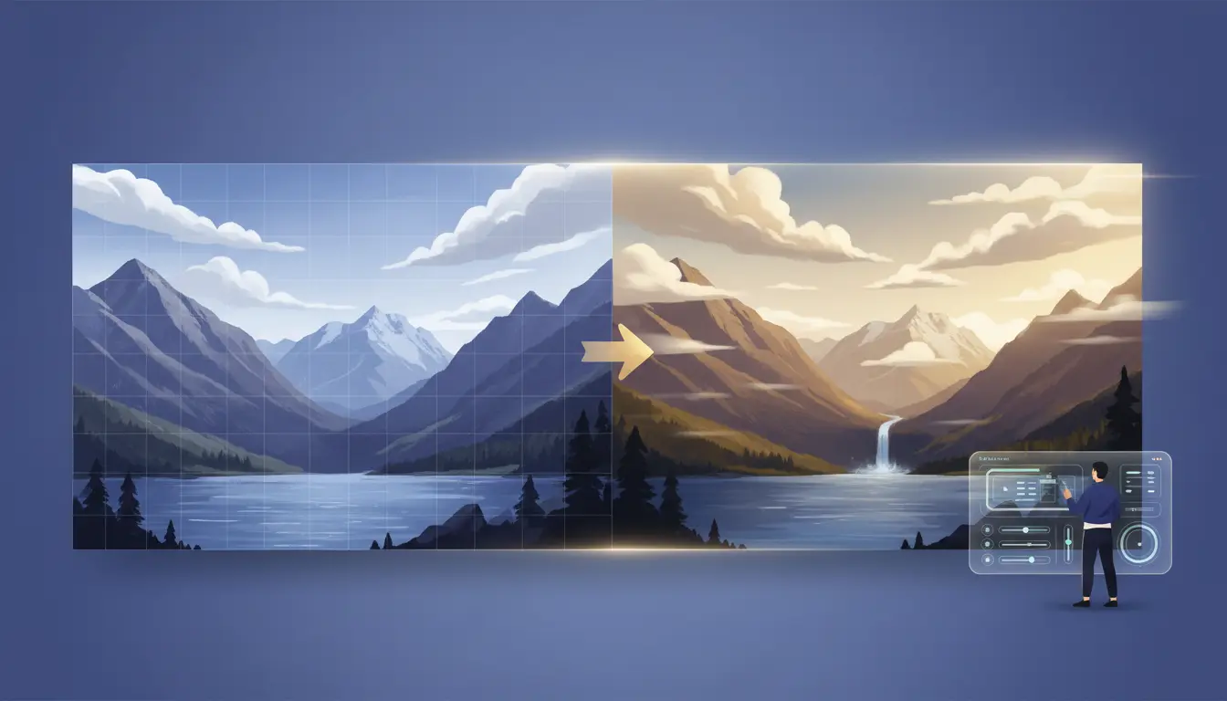 Illustration of a premium AI image-to-video workflow turning a still image into a cinematic moving scene